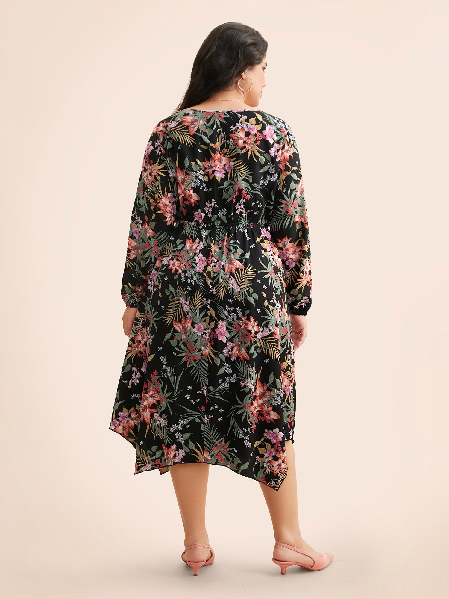 V Neck Floral Asymmetrical Hem Dress