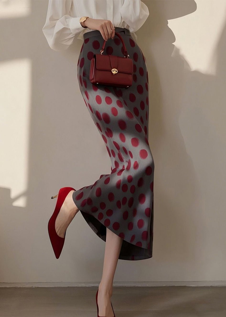 Vintage Dark Grey Dot Print High Waist Cotton Skirts Spring