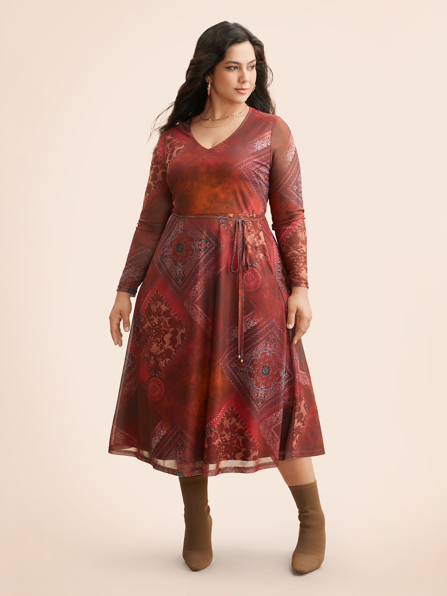 Boho Print Belted Mesh Midi Dress