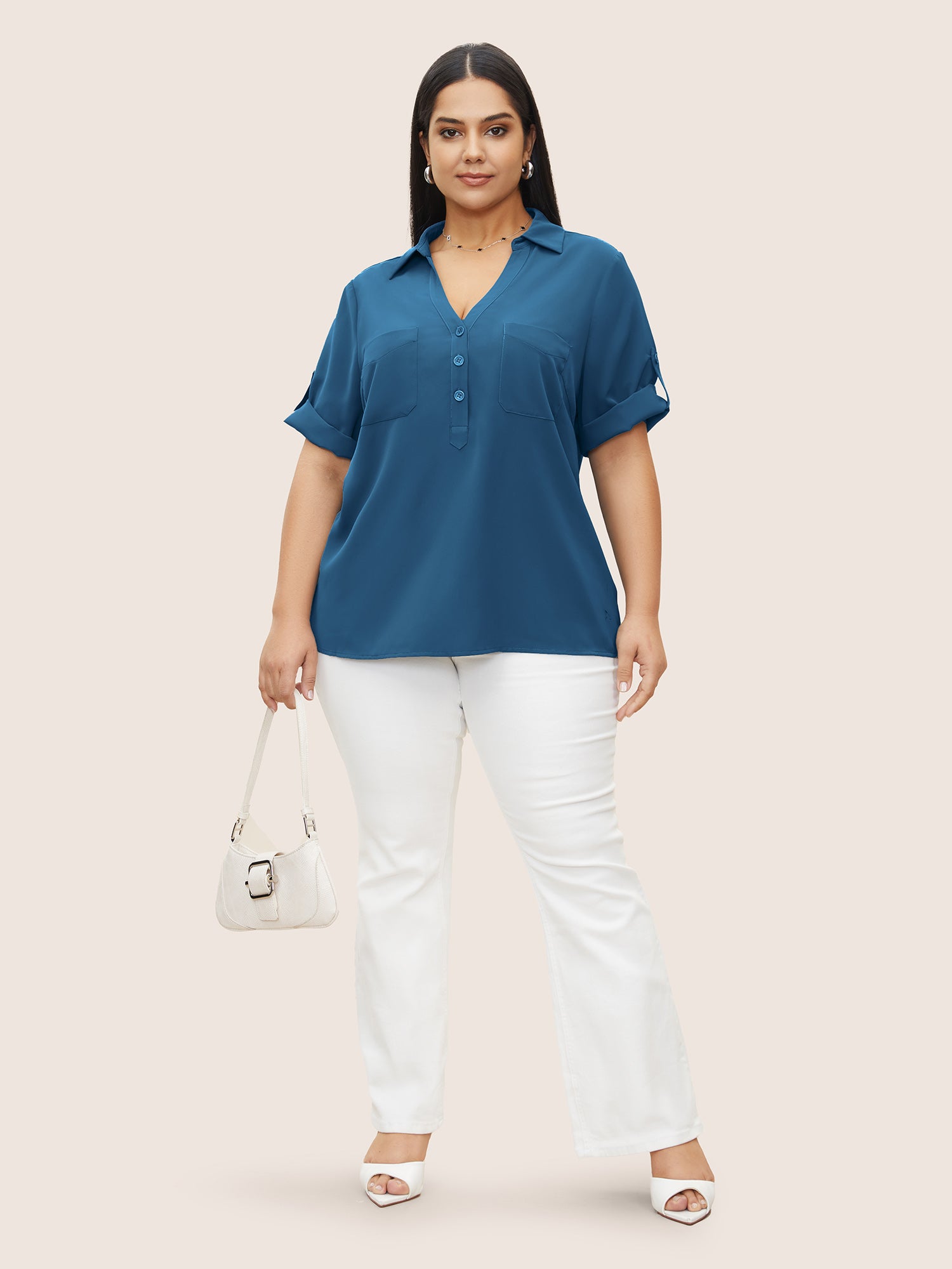 Anti-Wrinkle Shirt Collar Patched Pocket Tab Sleeve Blouse