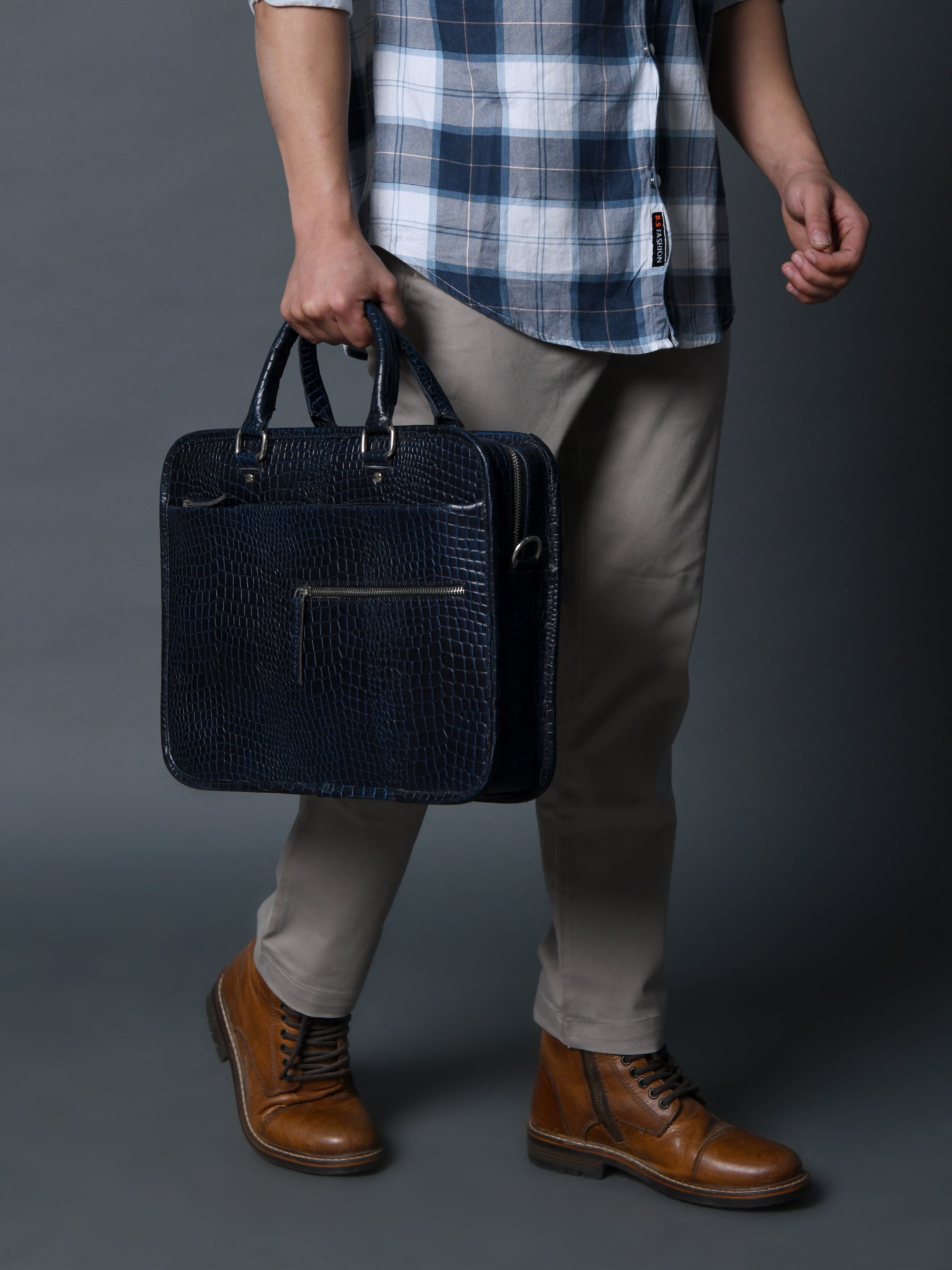 Croco Leather Computer Bag. Navy