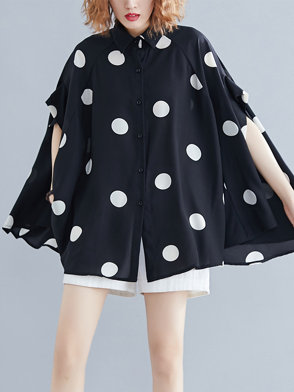 Batwing Sleeves Loose Polka-Dot Lapel Blouses&Shirts Tops