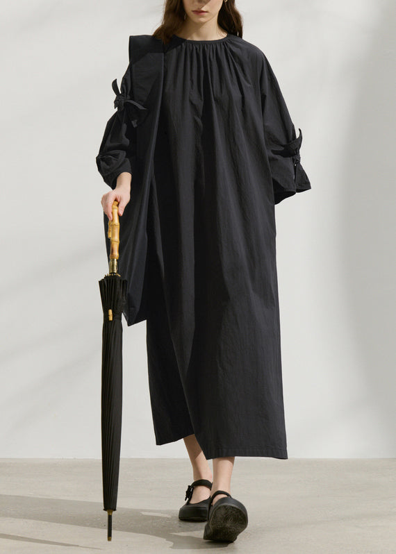 Fashion Black O Neck Bow Loose Cotton Dress Summer