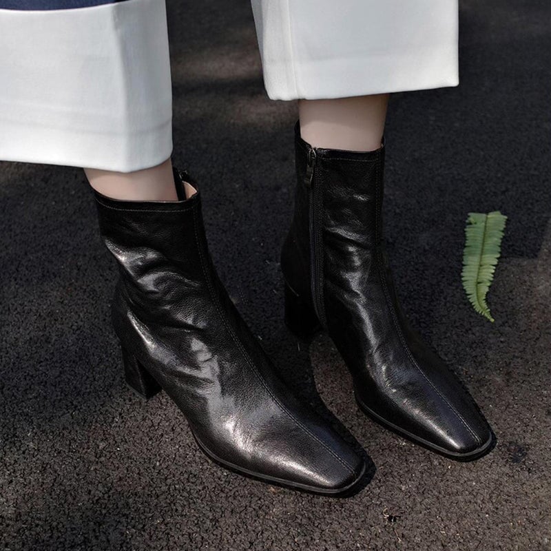 Squared Toe Leather Slimming Boots Sock Boots in Black/Brown