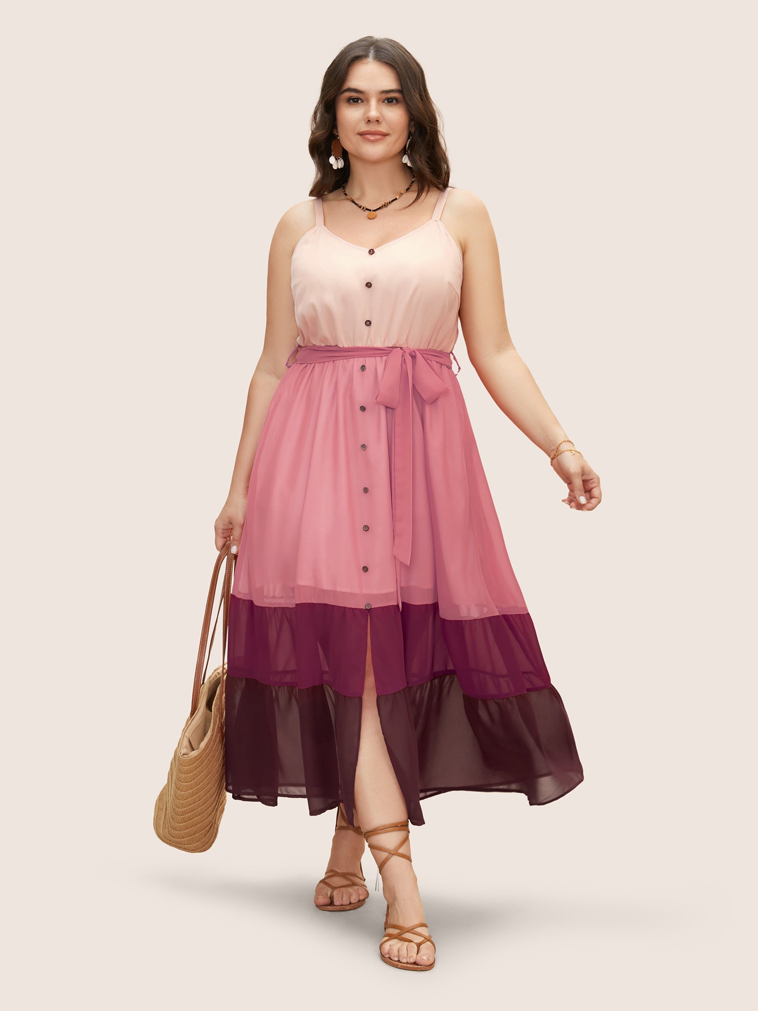 Colorblock Contrast Button Detail Slit Front Dress