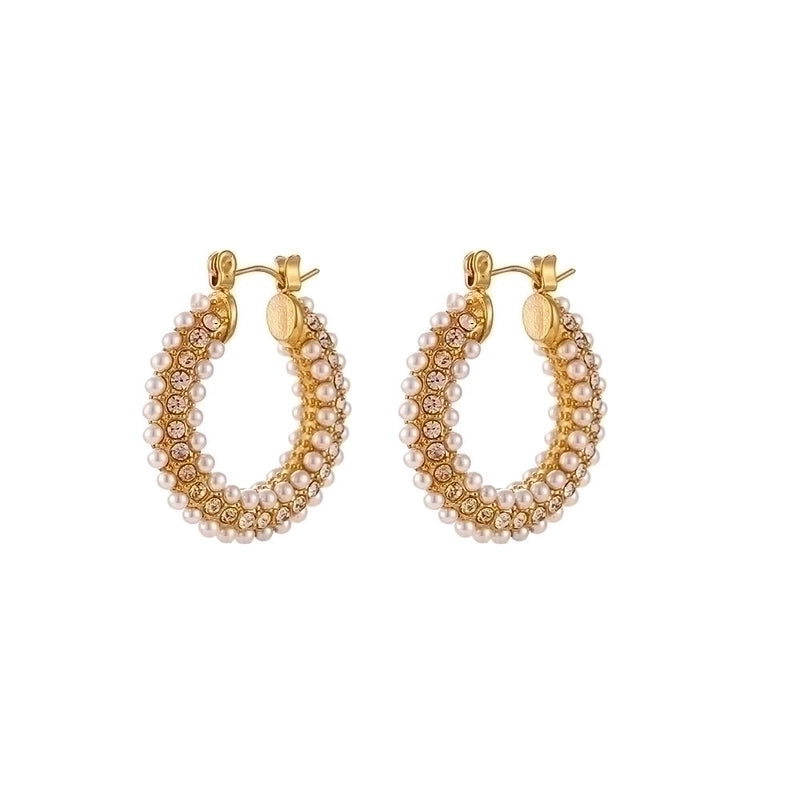 1 Pair Fashion U Shape Plating Inlay 304 Stainless Steel Pearl Zircon 18K Gold Plated Hoop Earrings
