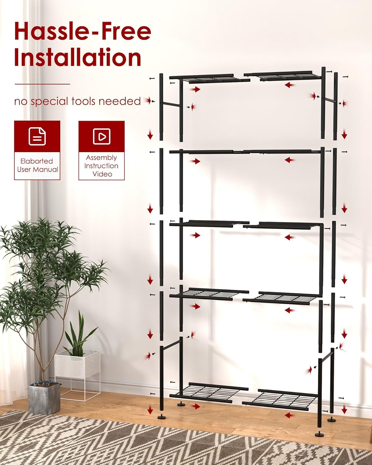 Storage Shelves - 5 Tier Shelf Organizer. Heavy Duty Garage Shelving Unit with Leveling Feet. Stable Metal Shelves Organizer for Pantry. Kitchen and Closet. 33.0 W x 12.6 D x 72.0 H. Black