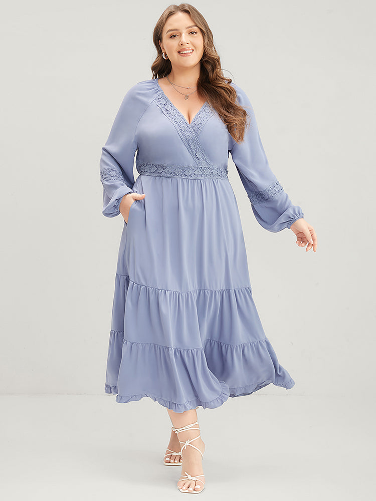 Plain Wrap Pocket Lantern Sleeve Contrast Lace Ruffle Tiered Dress