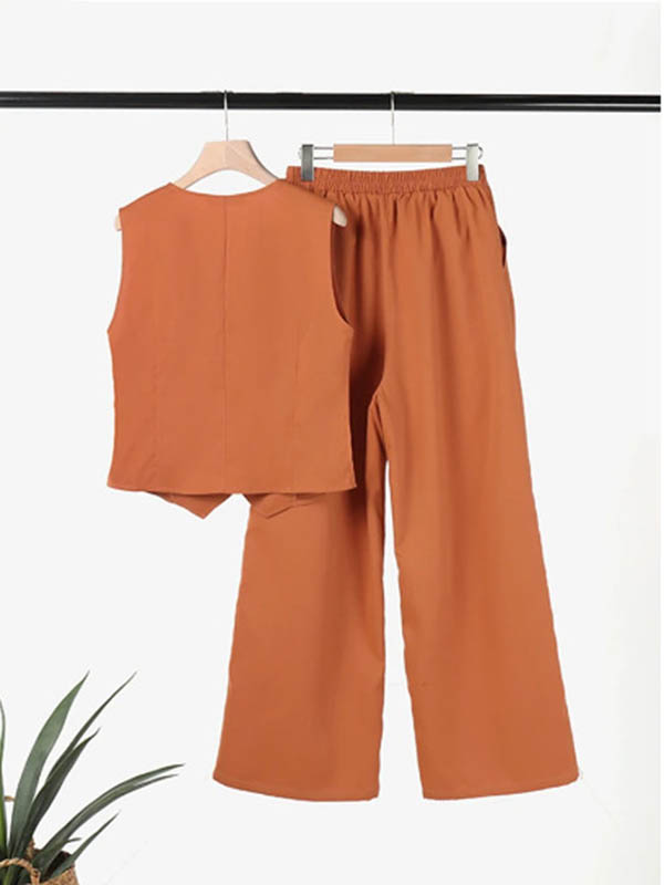 Plus Size Loose Solid Color Split-Joint V-Neck Vest + Elasticity Pants Two Pieces Set