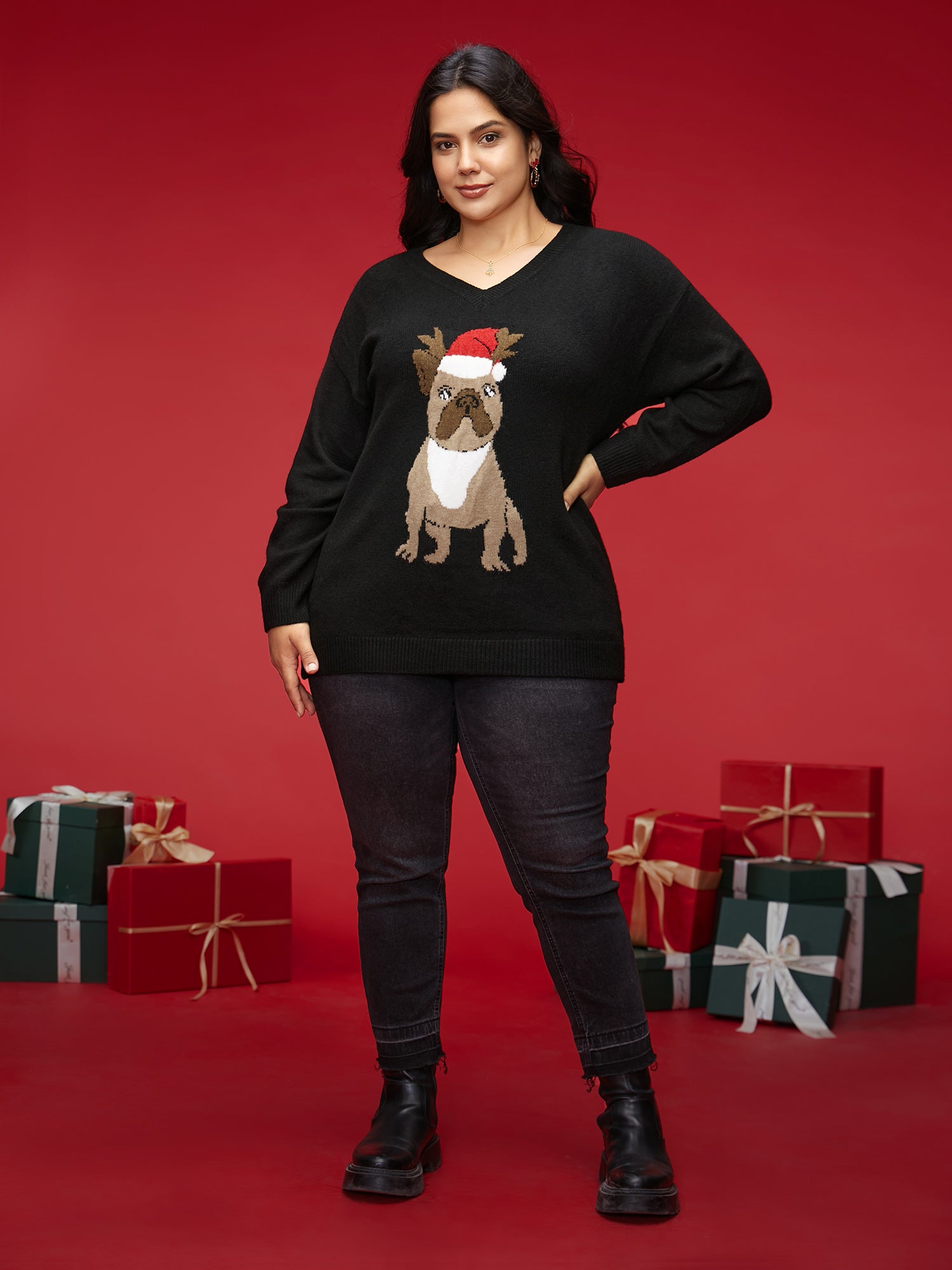 Holidazzled Dog Motif Furry V-neck Pullover