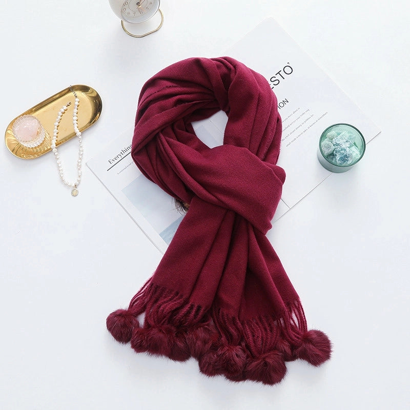 Cashmere Wool Scarf Women's Autumn And Winter High-grade Solid Color Ball Scarf Shawl Fur Ball Imitation Cashmere Scarf