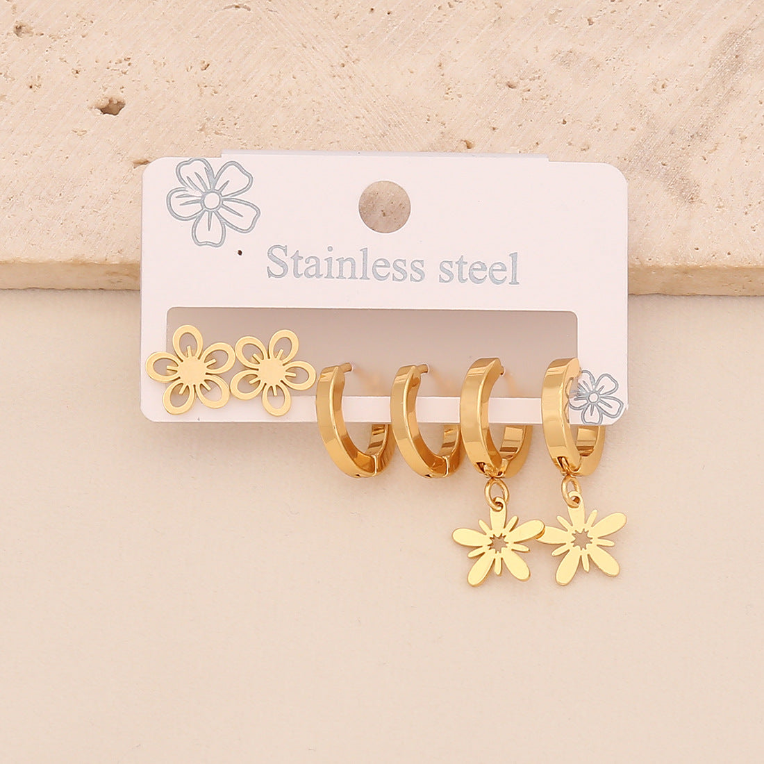 3 Pairs Of Love Butterfly Stainless Steel Earrings Set Flower Crown Earrings E612