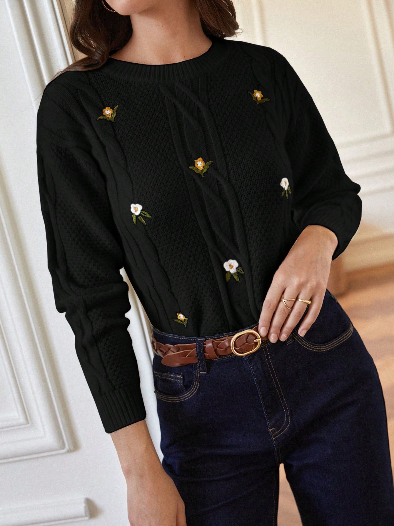 Frenchy Floral Embroidery Cable Knit Drop Shoulder Sweater