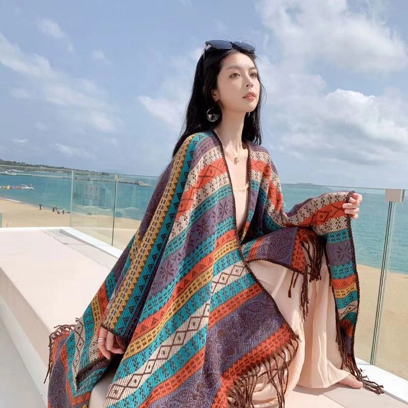 Women's Minimalist Classic Style Color Block Imitation Cashmere Tassel Shawl