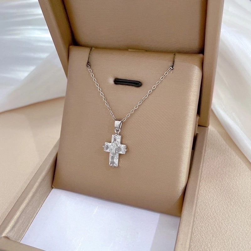 Minimalist Cross Titanium Steel Copper Zircon Pendant Necklace In Bulk