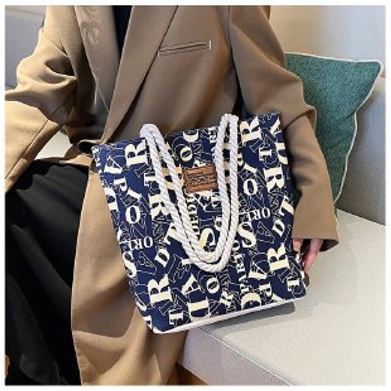 Women's Large Canvas Letter Streetwear Square Zipper Tote Bag
