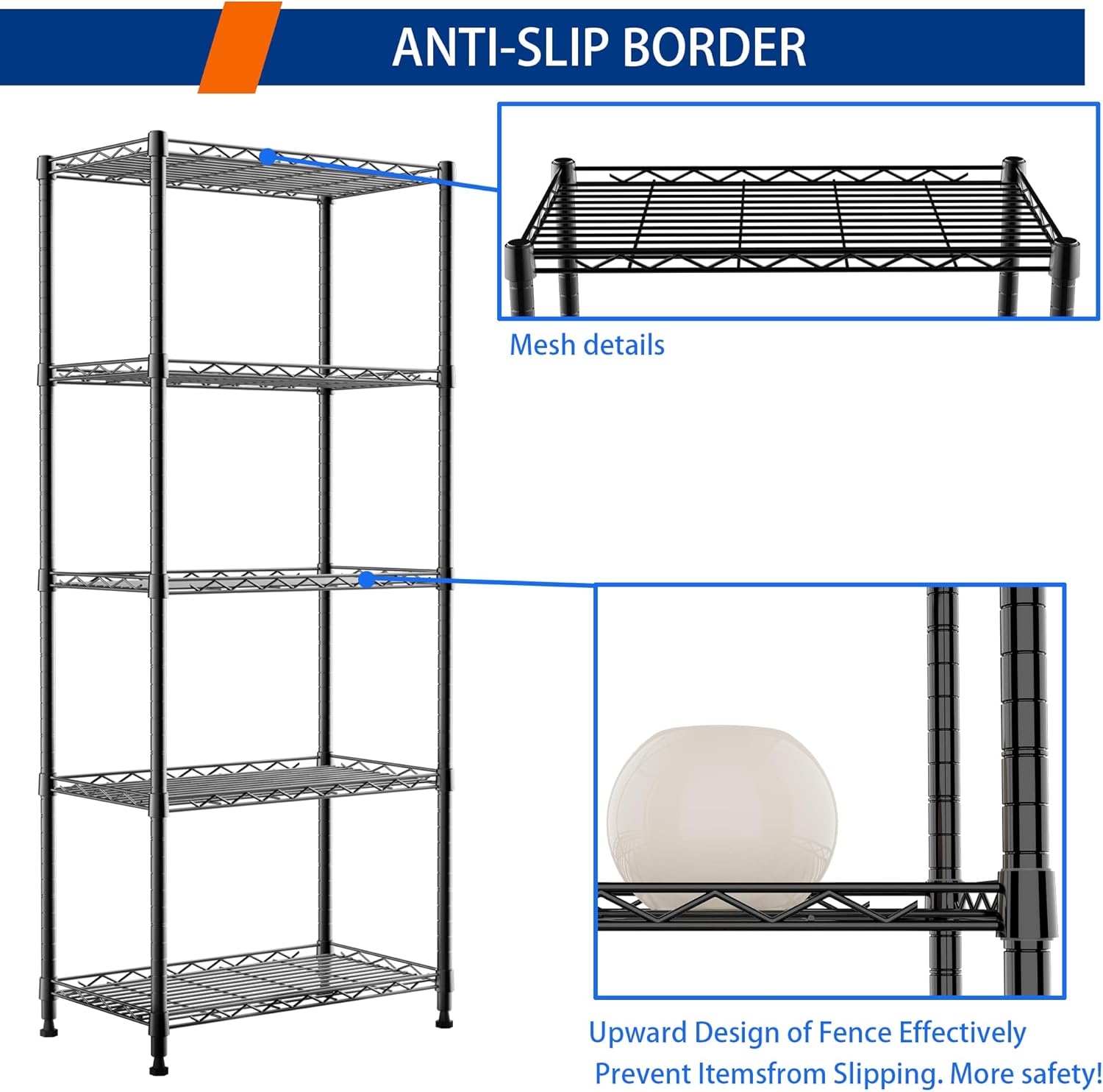 REGILLER 5-Wire Shelving Metal Storage Rack Adjustable Shelves,Standing Storage Shelf Units for Laundry Bathroom Kitchen Pantry Closet(Black,11.8