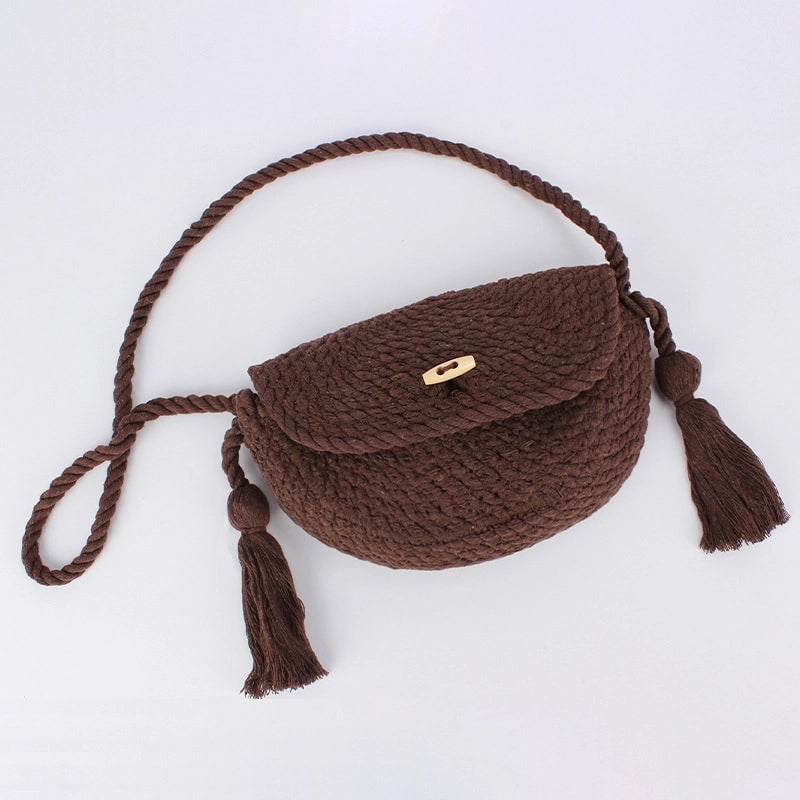 Women's Small Cotton Solid Color Basic Classic Style Tassel Weave Dumpling Shape Lock Clasp Crossbody Bag