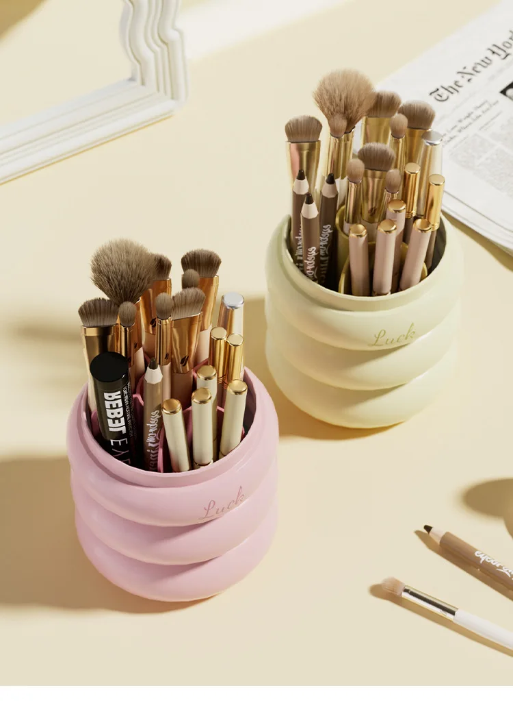 360° ROTATING MAKEUP BRUSH HOLDER WITH LID & LIPSTICK ORGANIZER