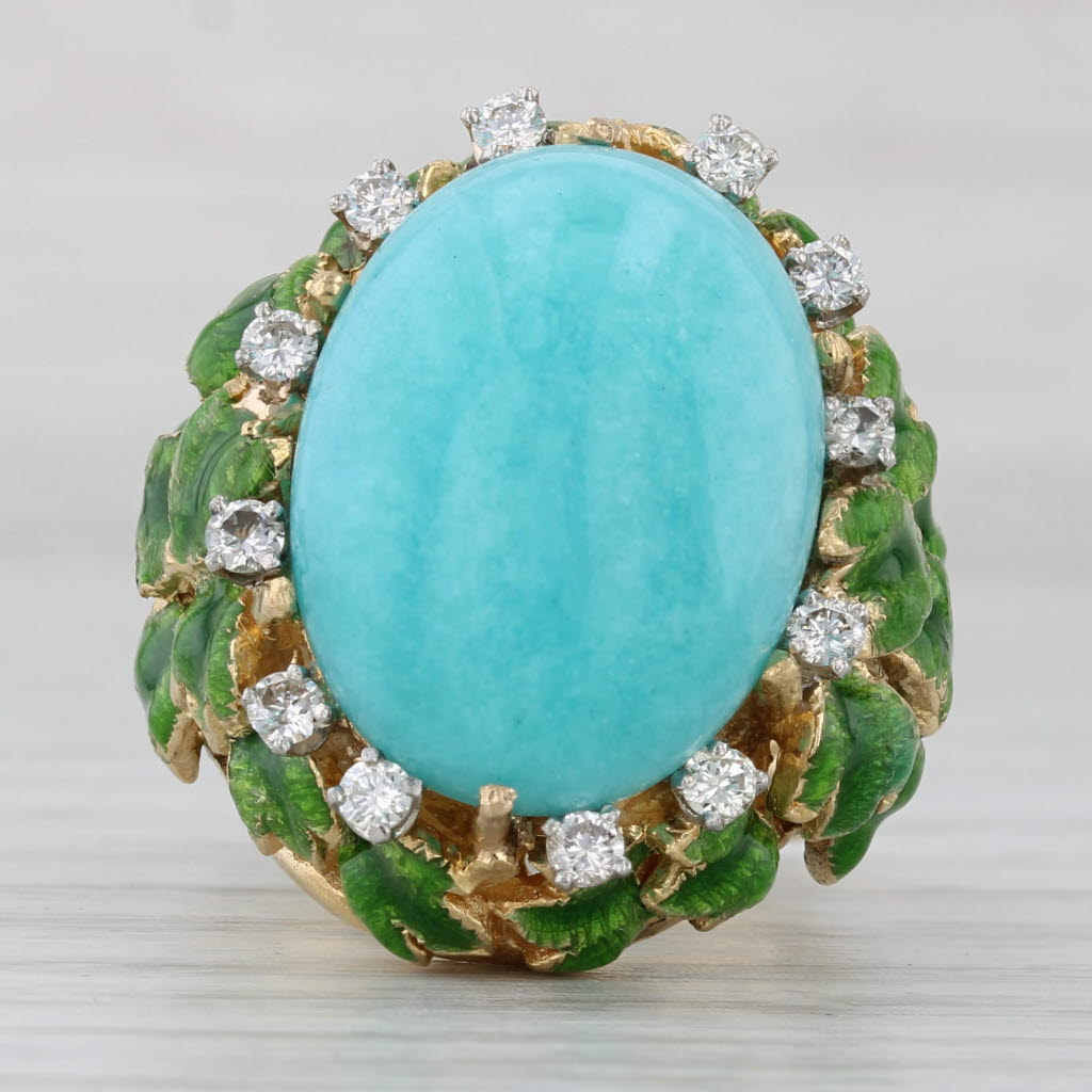 Vintage Amazonite Diamond Ring 18k Yellow Gold Size 6.75 Jack Gutschneider