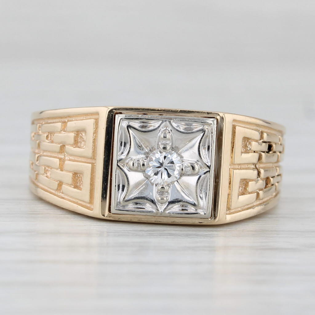 0.10ct Diamond Solitaire Ring 14k Gold Vintage Men's Chain Pattern