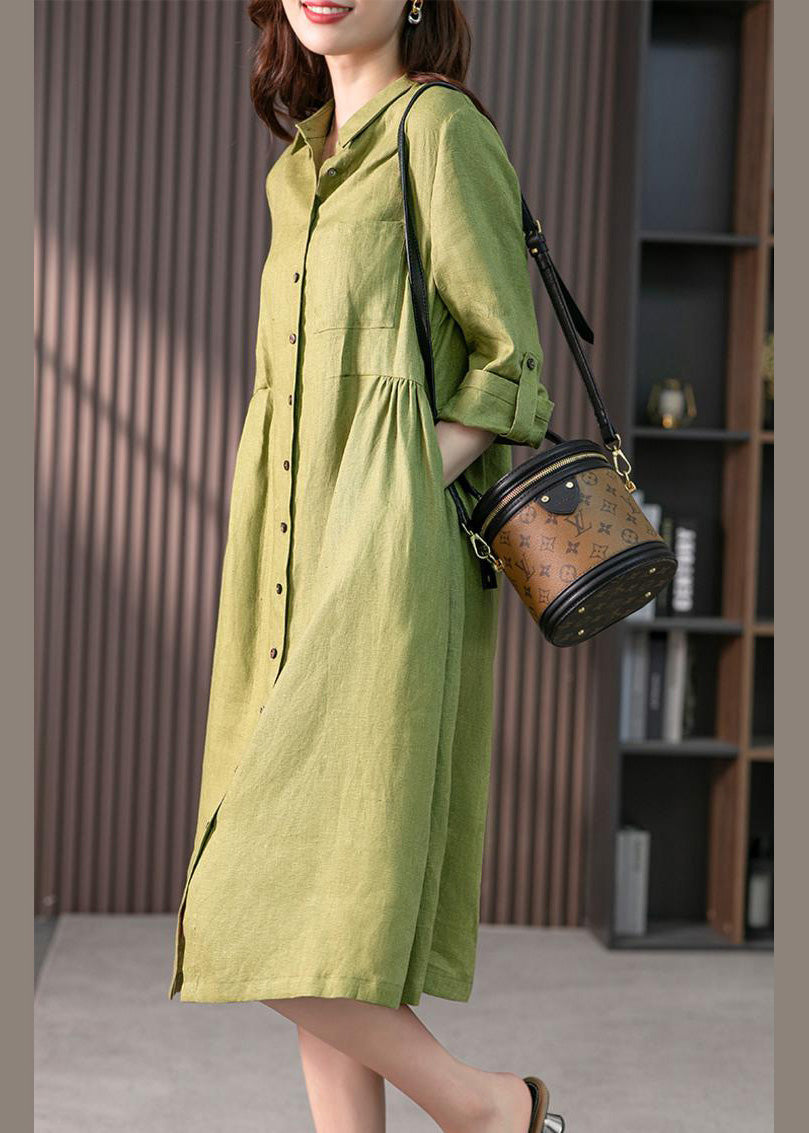 Casual Pink Peter Pan Collar Button Wrinkled Cotton Maxi Dresses Long Sleeve Fall