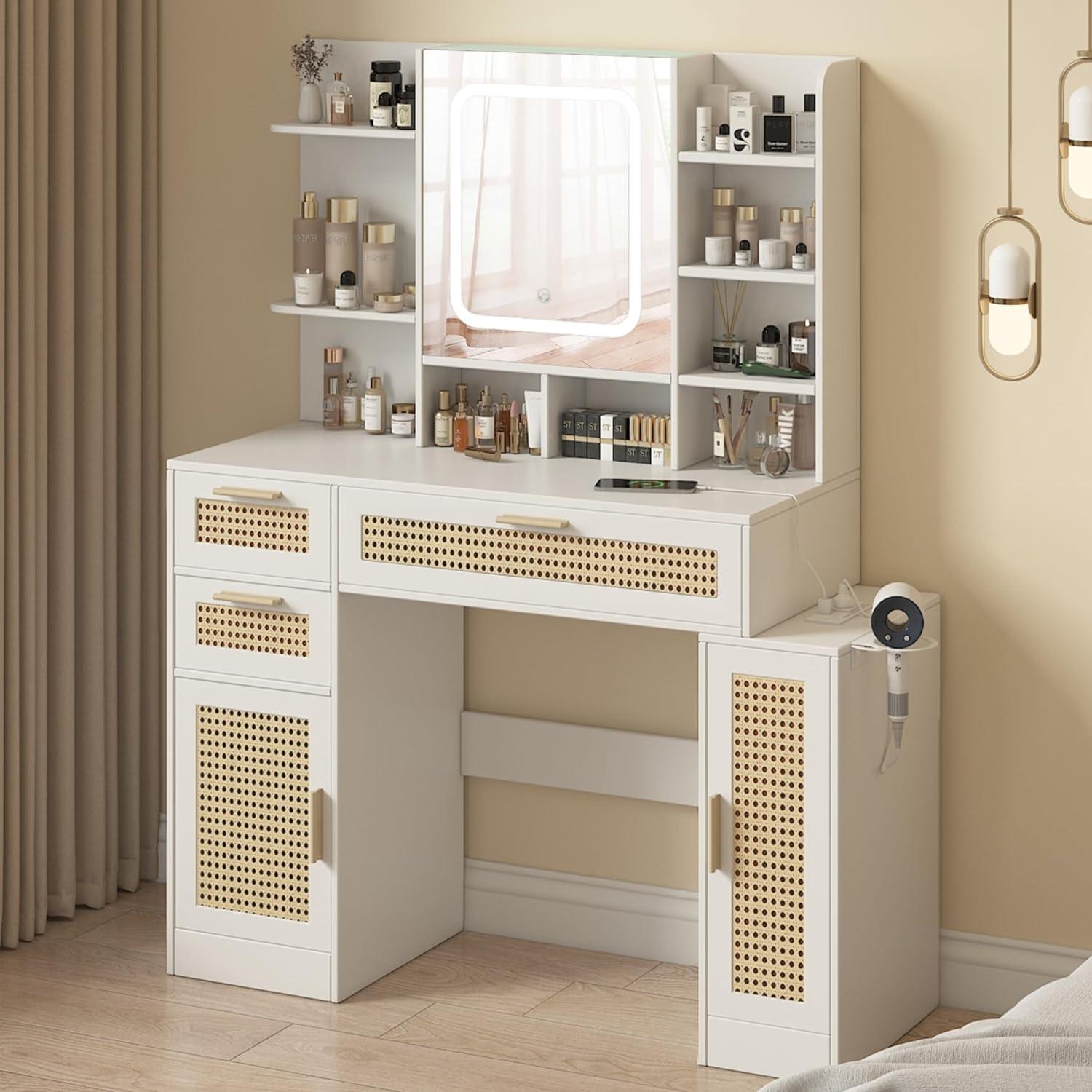 Makeup Vanity with Lights in 3 Colors and Power Outlet 43.6inch Big Vanity Table