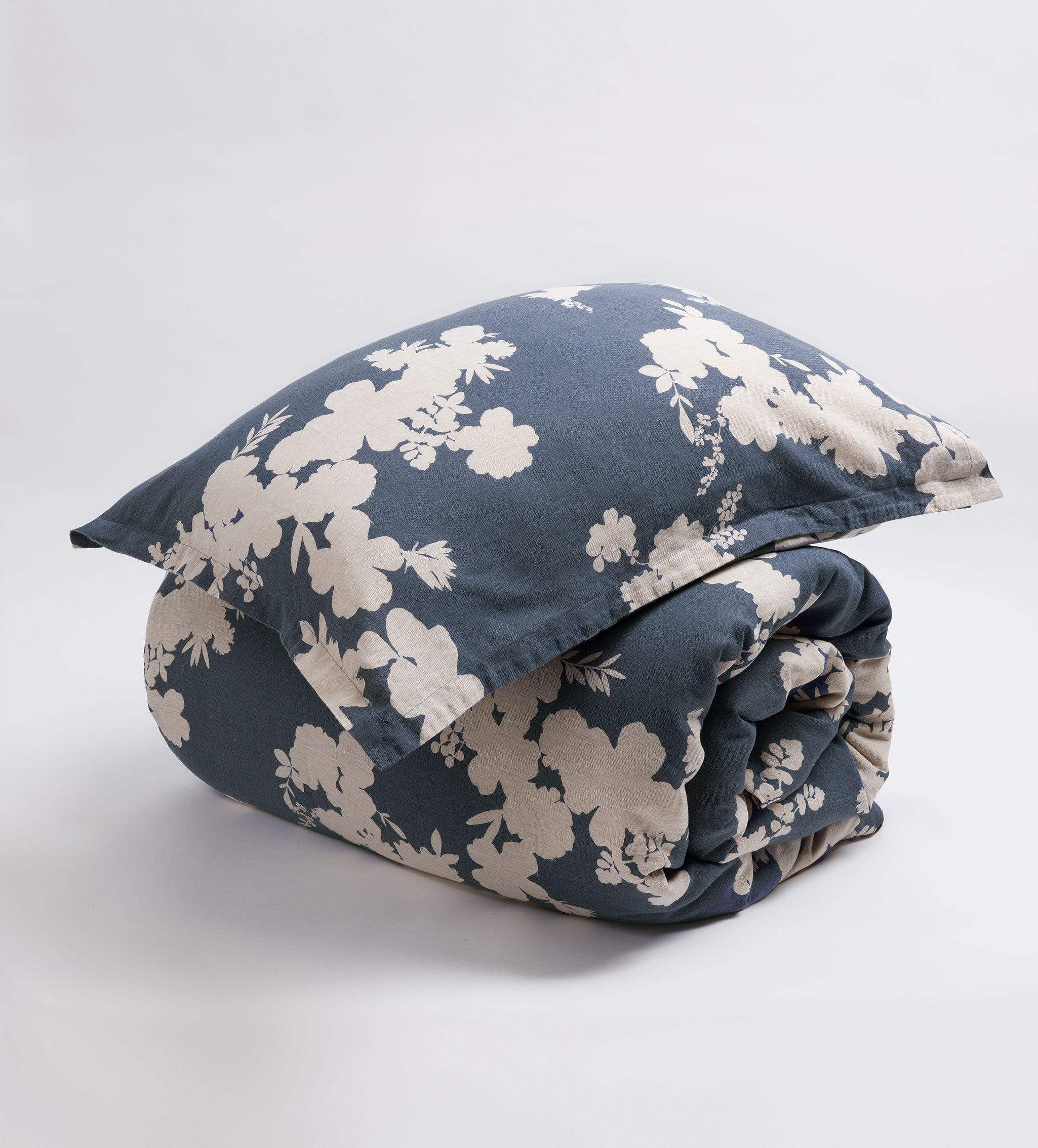 Ink Blue Flower Press Linen Blend Pillowcase