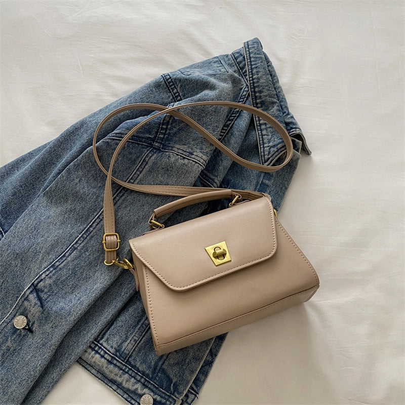 Women's Pu Leather Solid Color Basic Sewing Thread Square Lock Clasp Shoulder Bag Crossbody Bag