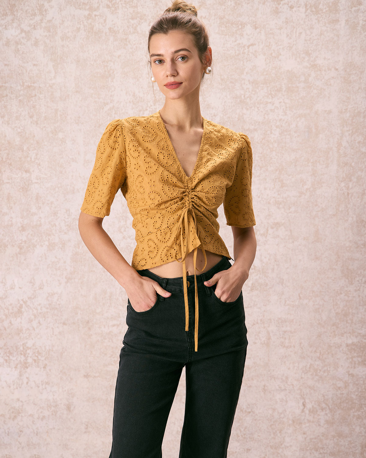 The Yellow V Neck Embroidery Tie Front Tee