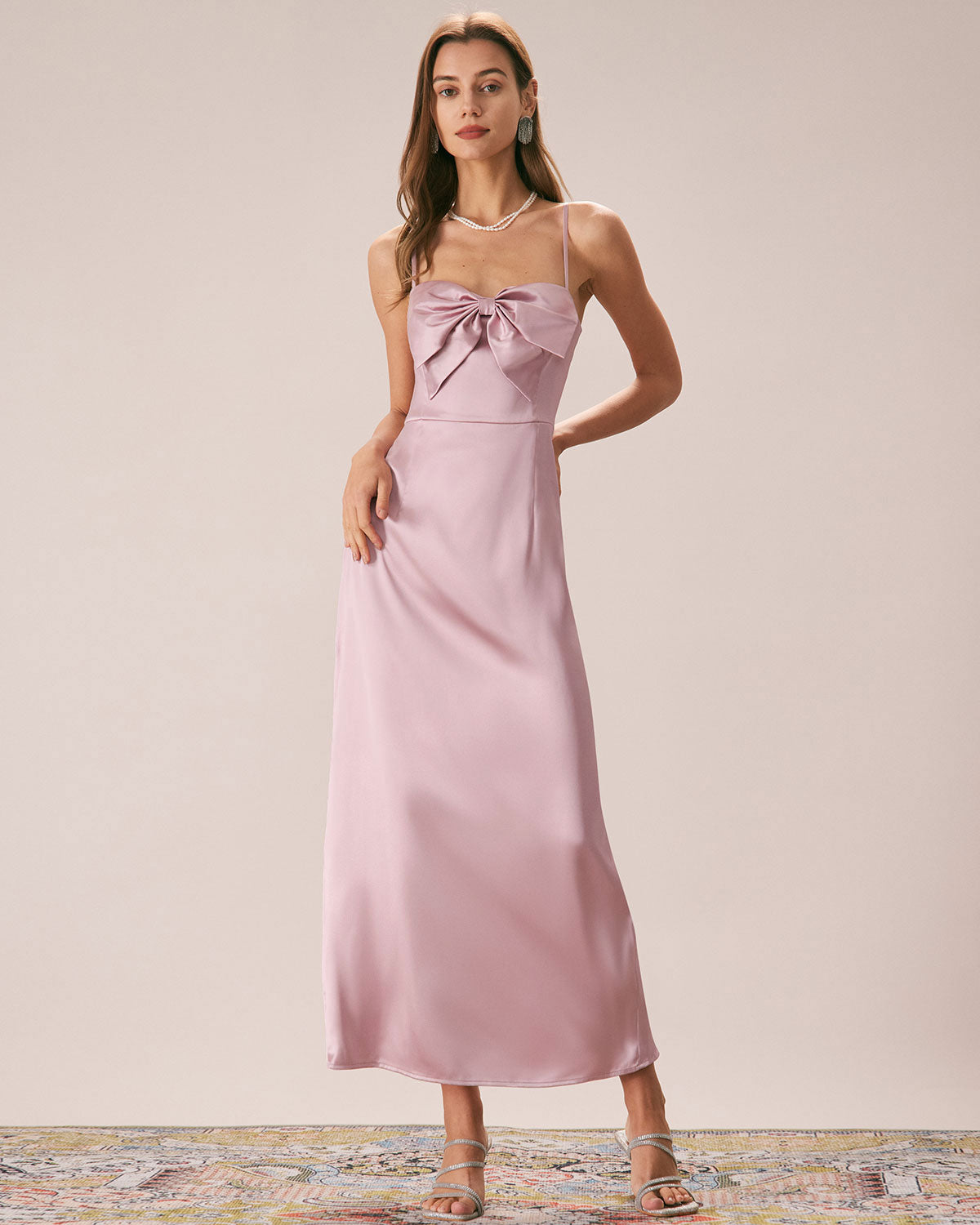 The Pink Bowknot Satin Strap Maxi Dress