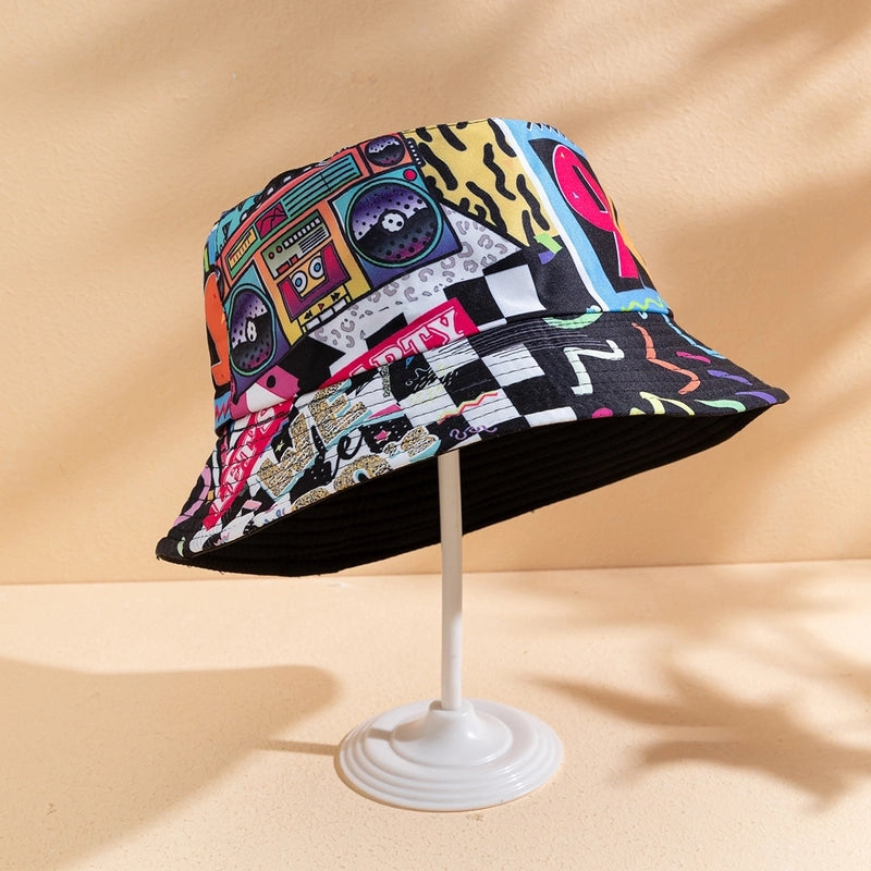 Unisex Casual Retro Artistic Letter Color Block Printing Curved Eaves Bucket Hat