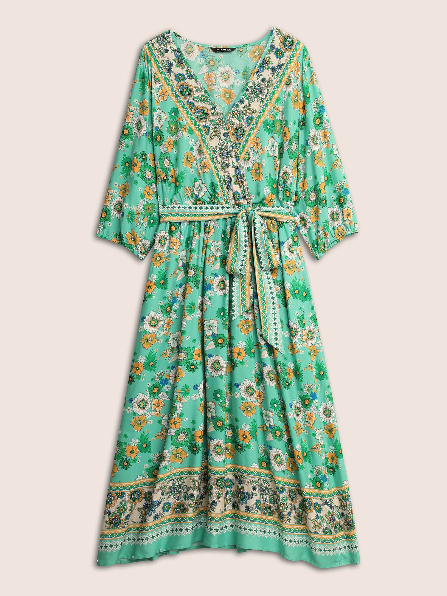 Bandana Print Surplice Neck Lantern Sleeve Dress