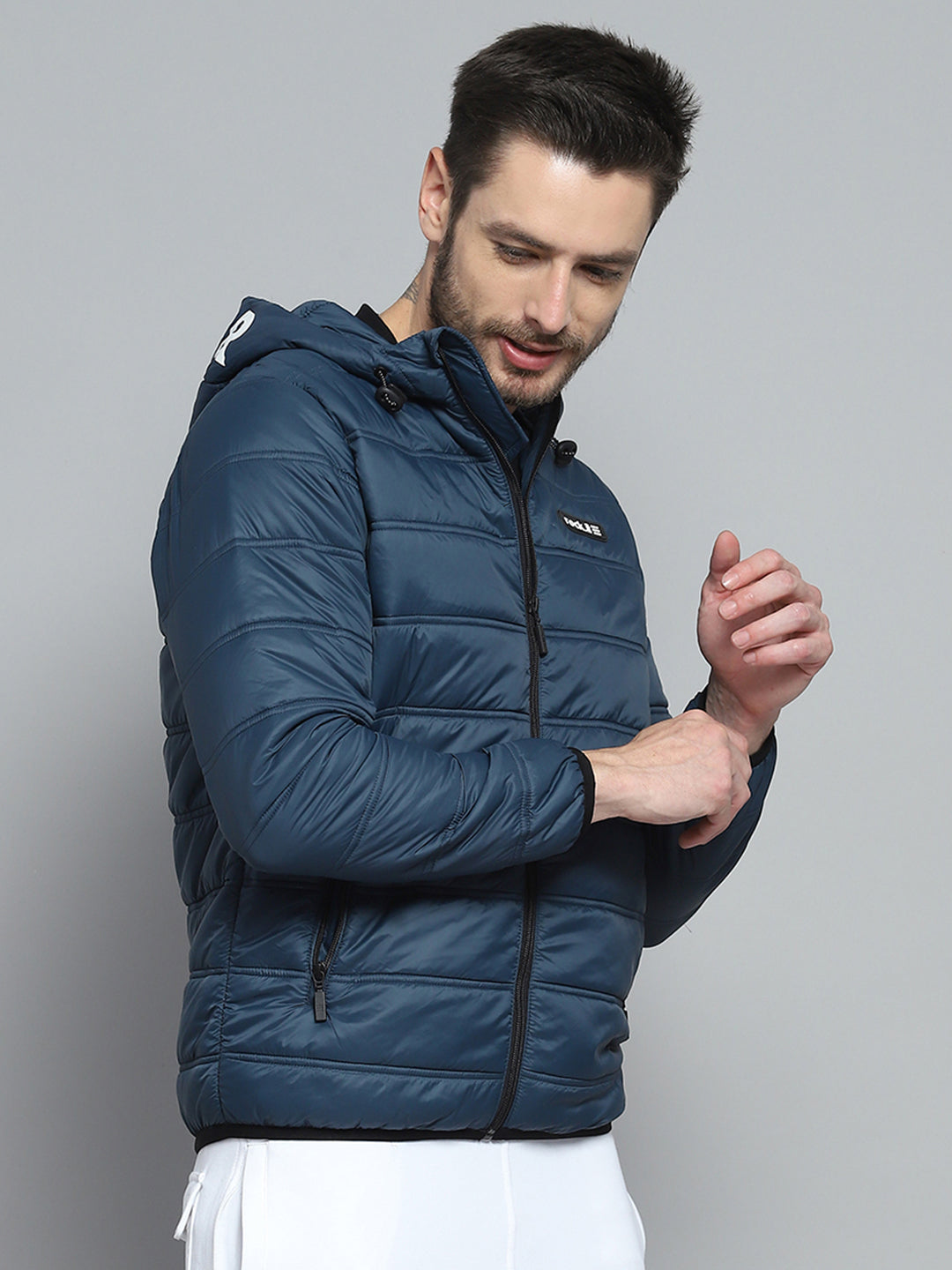 Men Blue Printed Hooded Full Sleeve Jacket