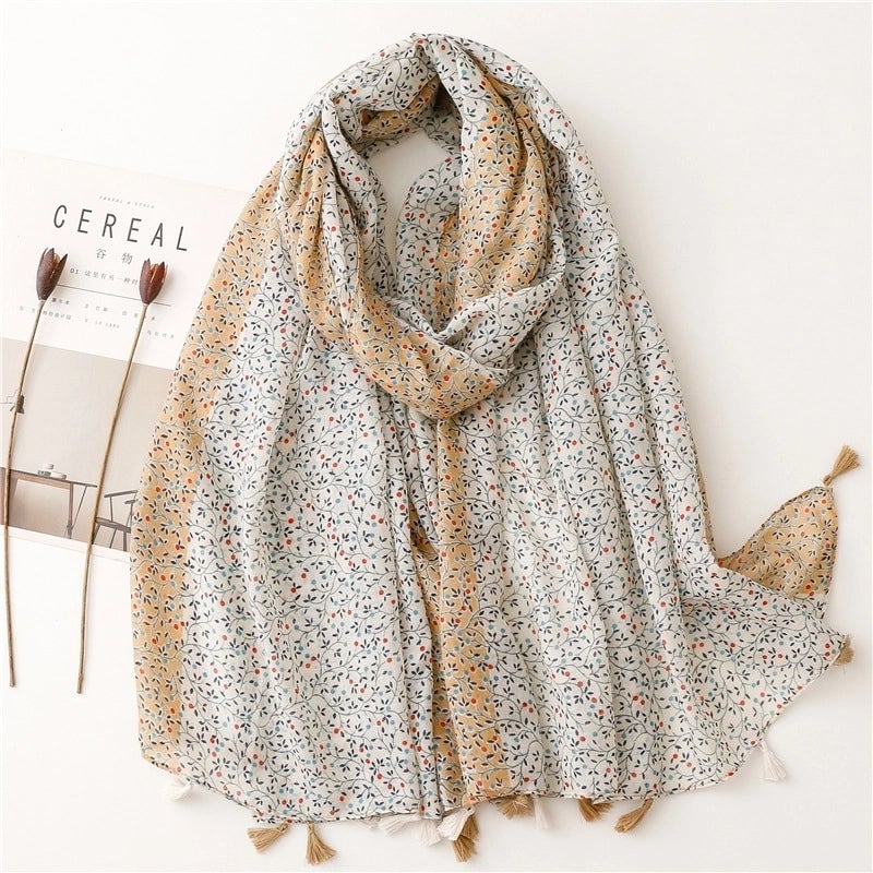 Yarn Cotton Fruit Green Bright Yellow Leaf Printing Tassel Scarf Shawl