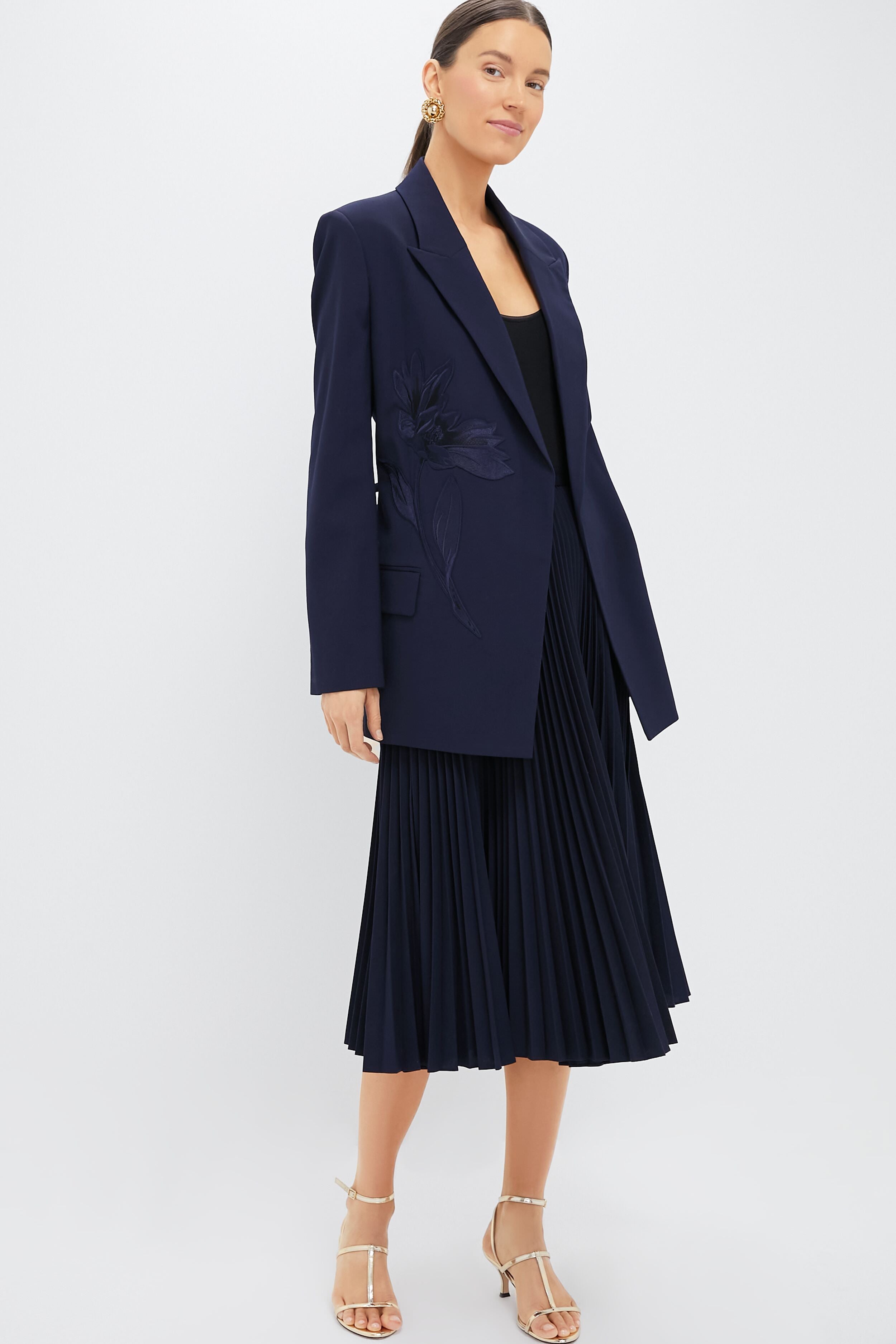 Navy Pleated Midi Skirt