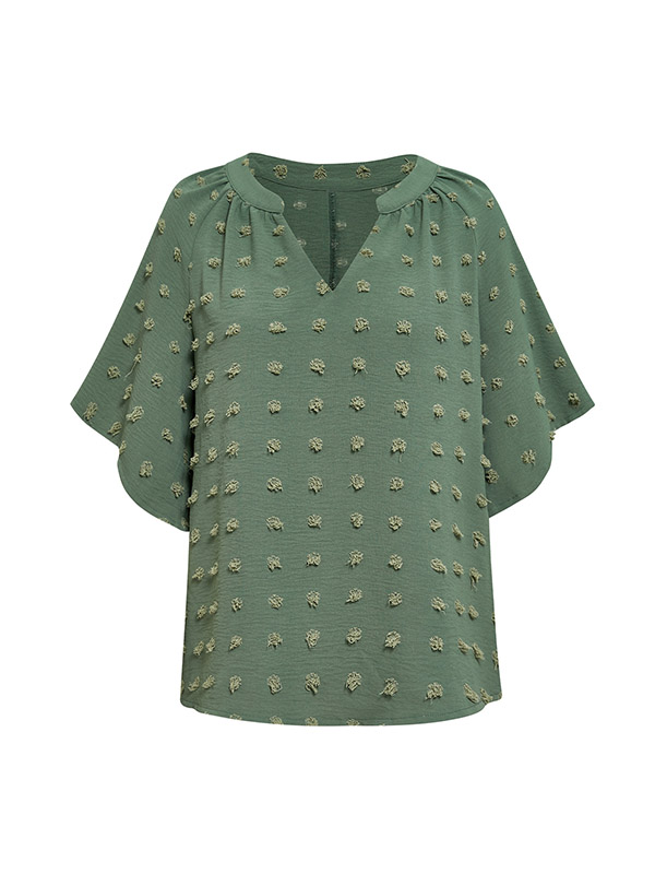 Half Sleeves Loose Jacquard Solid Color V-Neck T-Shirts Tops