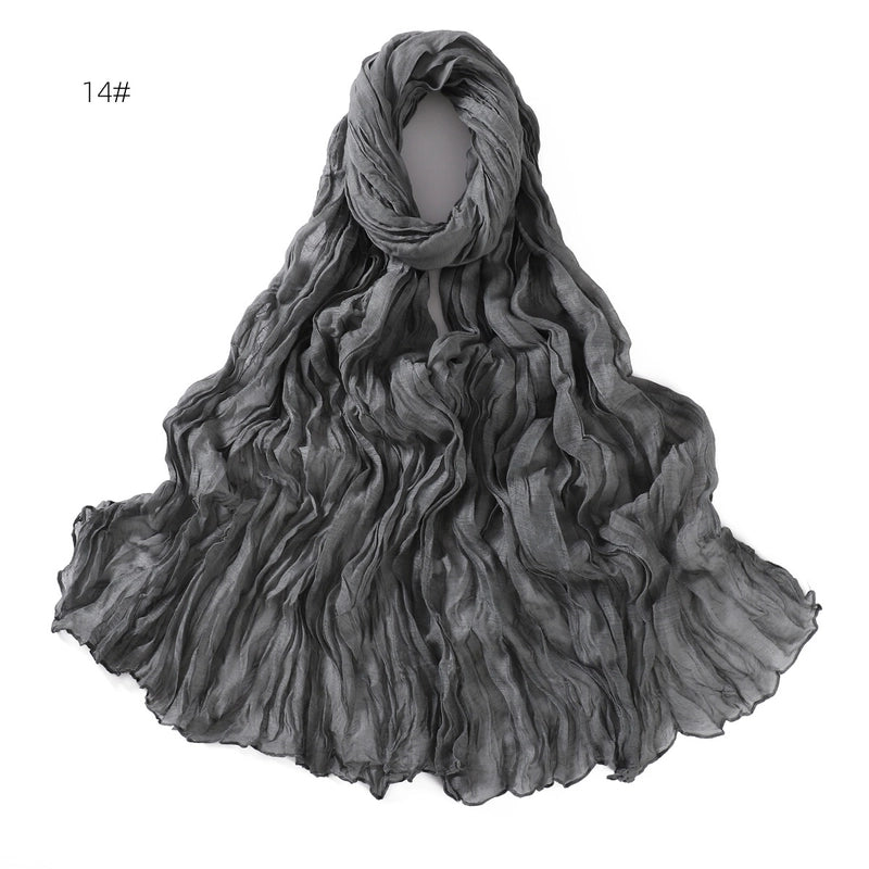 Spring And Autumn Pure Color Silk Yarn Twist Wrinkle Cotton And Linen Breathable Thin Scarf Female Cover Scarf In Stock