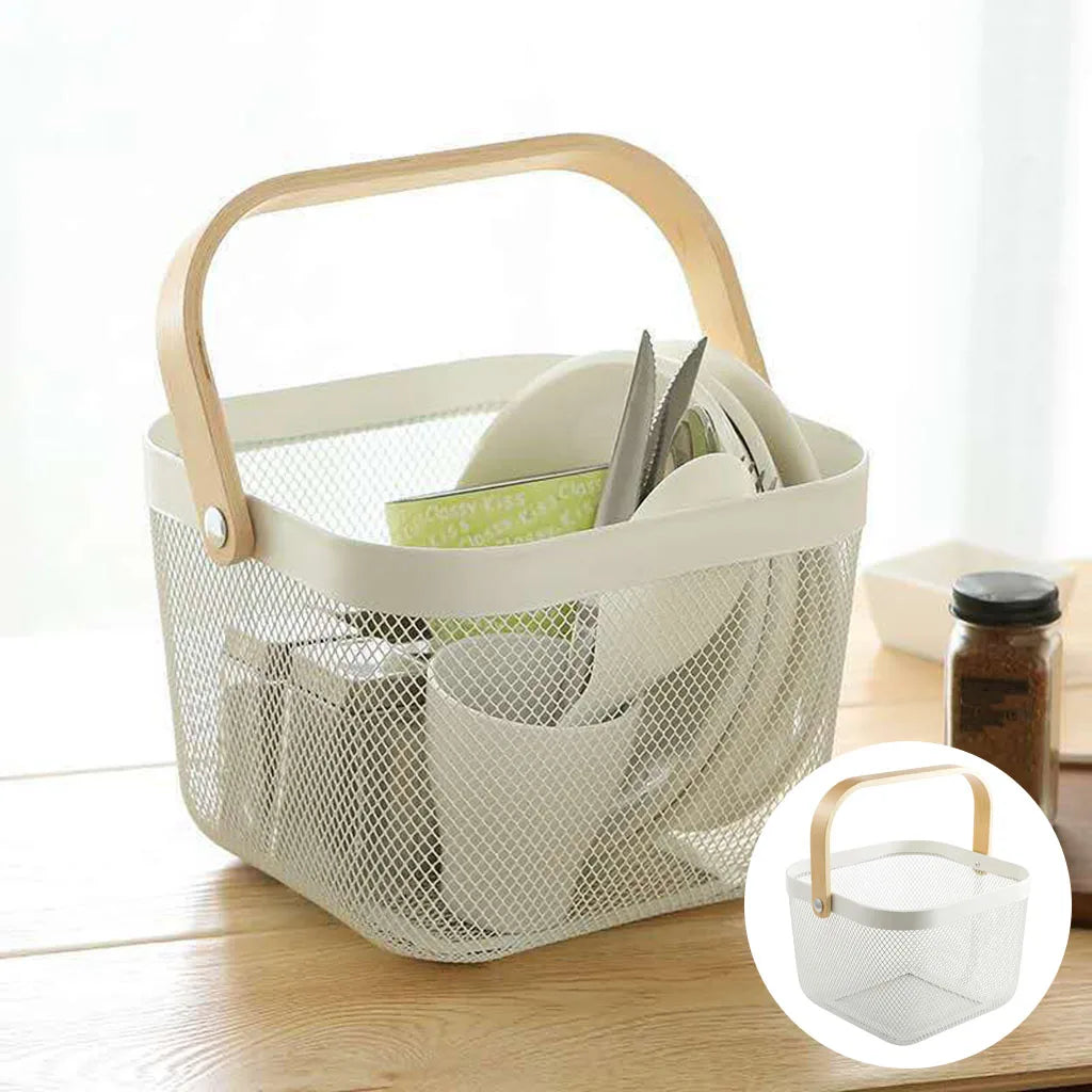 Metal Food Storage Basket With Wood Handle Kitchen Bathroom Draining Fruit Vegetables Sundries Gadget