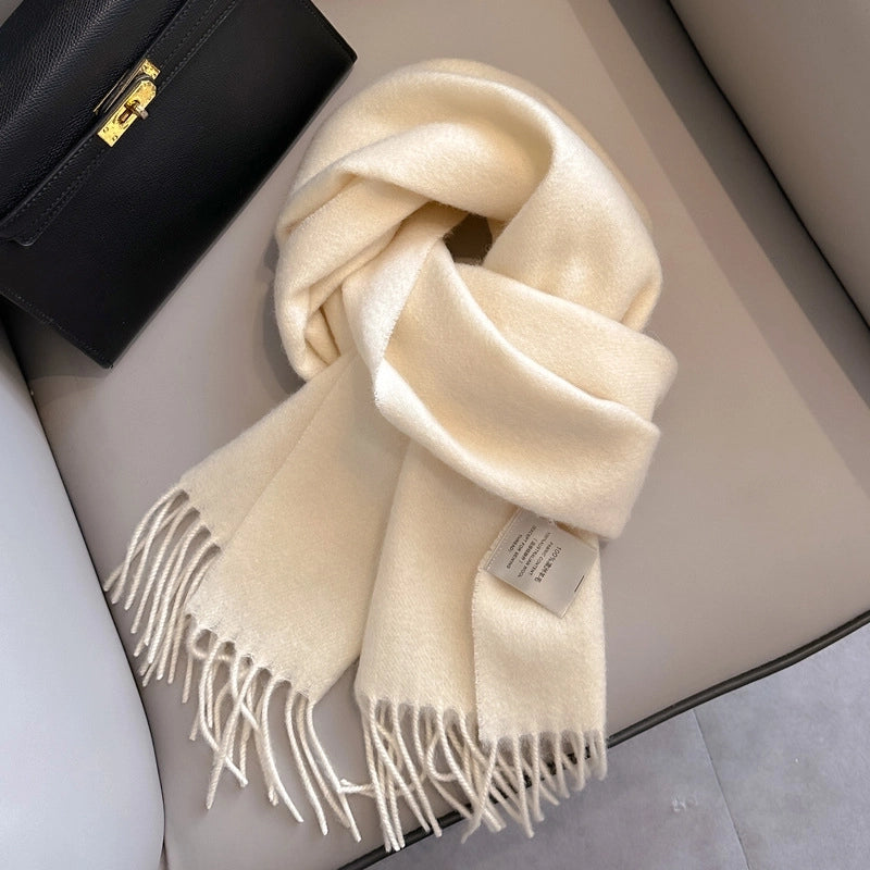 White Pure Wool Scarf Female Winter Student Warm Scarf New Versatile Tassel Narrow Scarf Couple