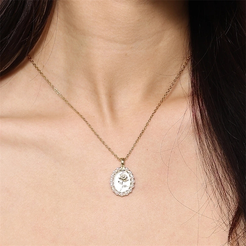 12 Pieces Elegant Retro Devil's Eye Rose Stainless Steel Enamel Plating 18k Gold Plated Pendant Necklace
