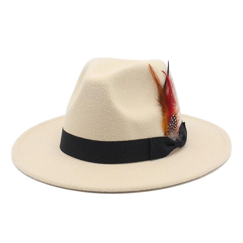 Bow Feather Top Hat Autumn And Winter Big Brim Hat Fashionable Men's And Women's Cashmere Felt Hat Style New Hats
