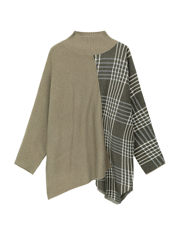 Casual Loose 3 Colors Split-Joint Plaid High-Neck Batwing Long Sleeves Sweater Top