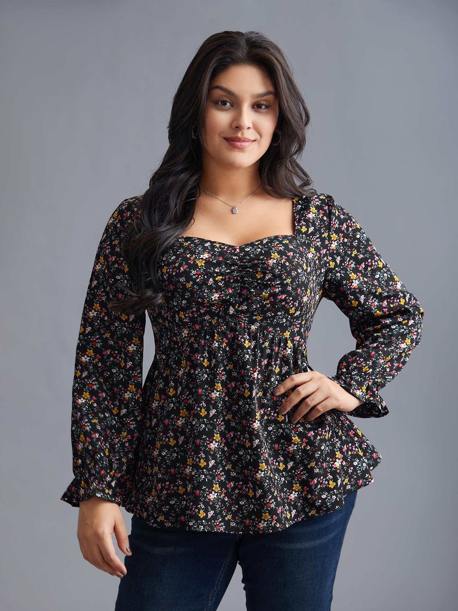 Ditsy Floral Heart Neckline Gathered Blouse