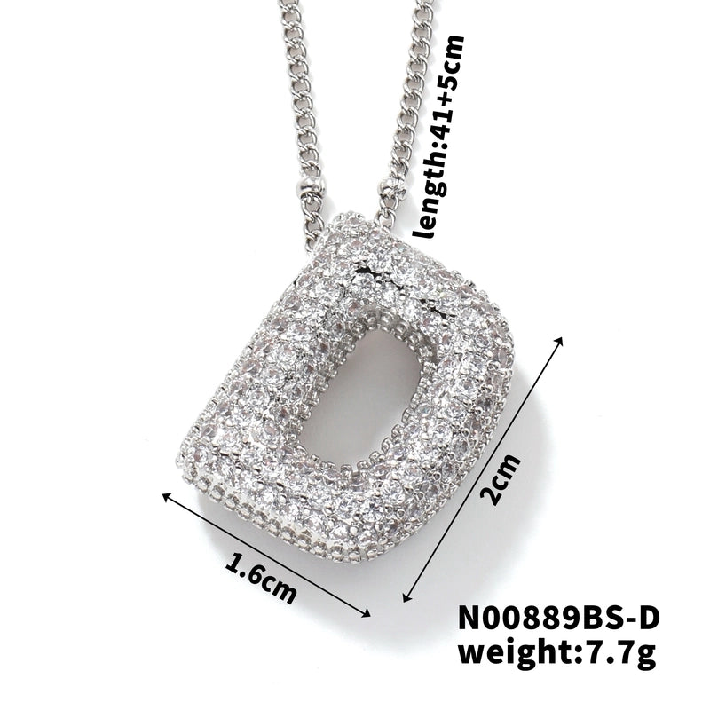 304 Stainless Steel Copper Rhodium Plated Three-dimensional Inlay Letter Zircon Pendant Necklace