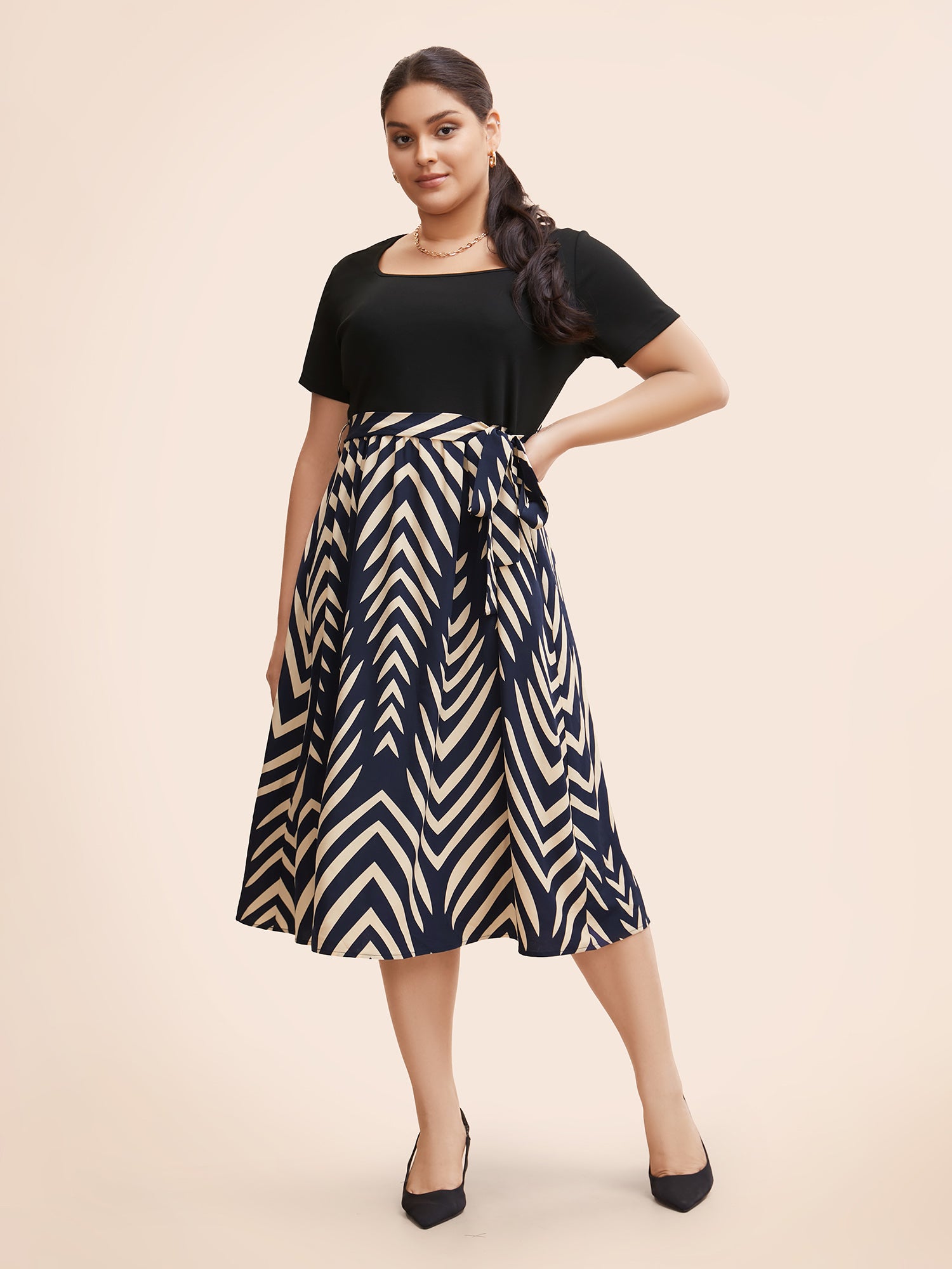 Square Neck Striped Patchwork Belted Dress