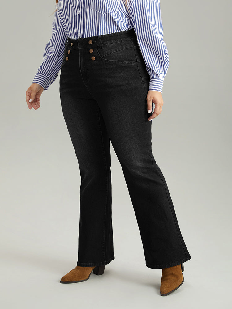 Flare Leg Button Detail High Rise Jeans