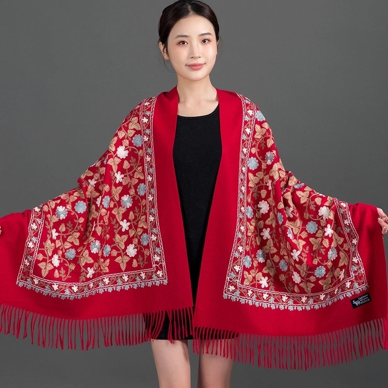 Embroidered Imitation Wool Cashmere Scarf Women's Autumn And Winter Cheongsam Air Conditioning Shawl Summer Outer Wear Multi-purpose Mother Style
