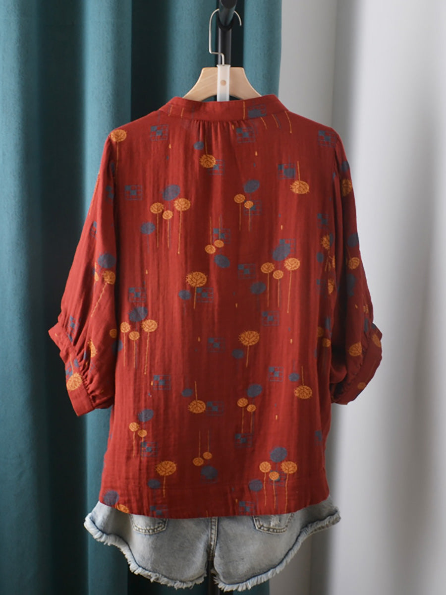 Women Summer Casual Print Stand Collar Cotton Shirt