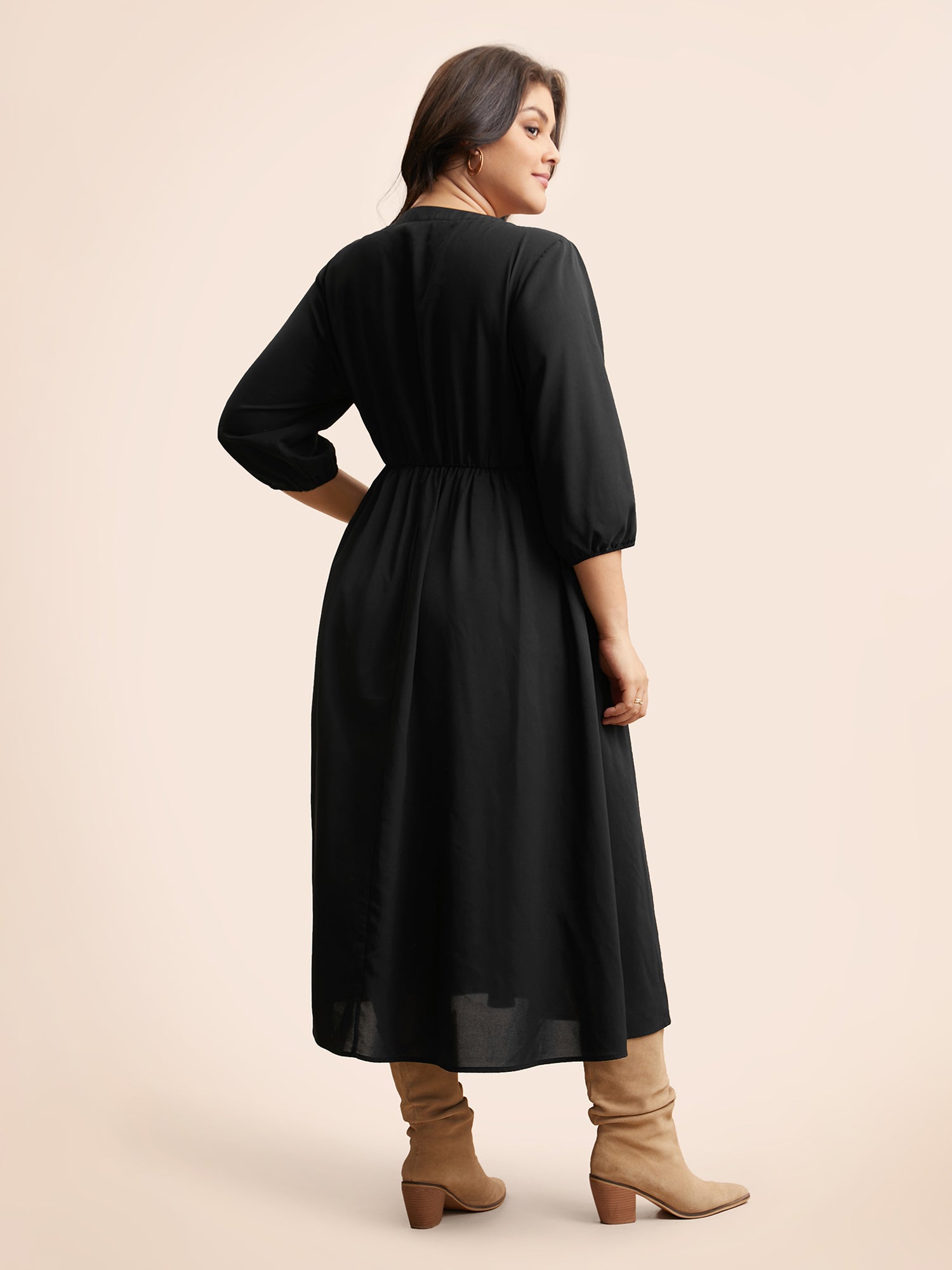 Notched Stereo Flower Design Midi Dress